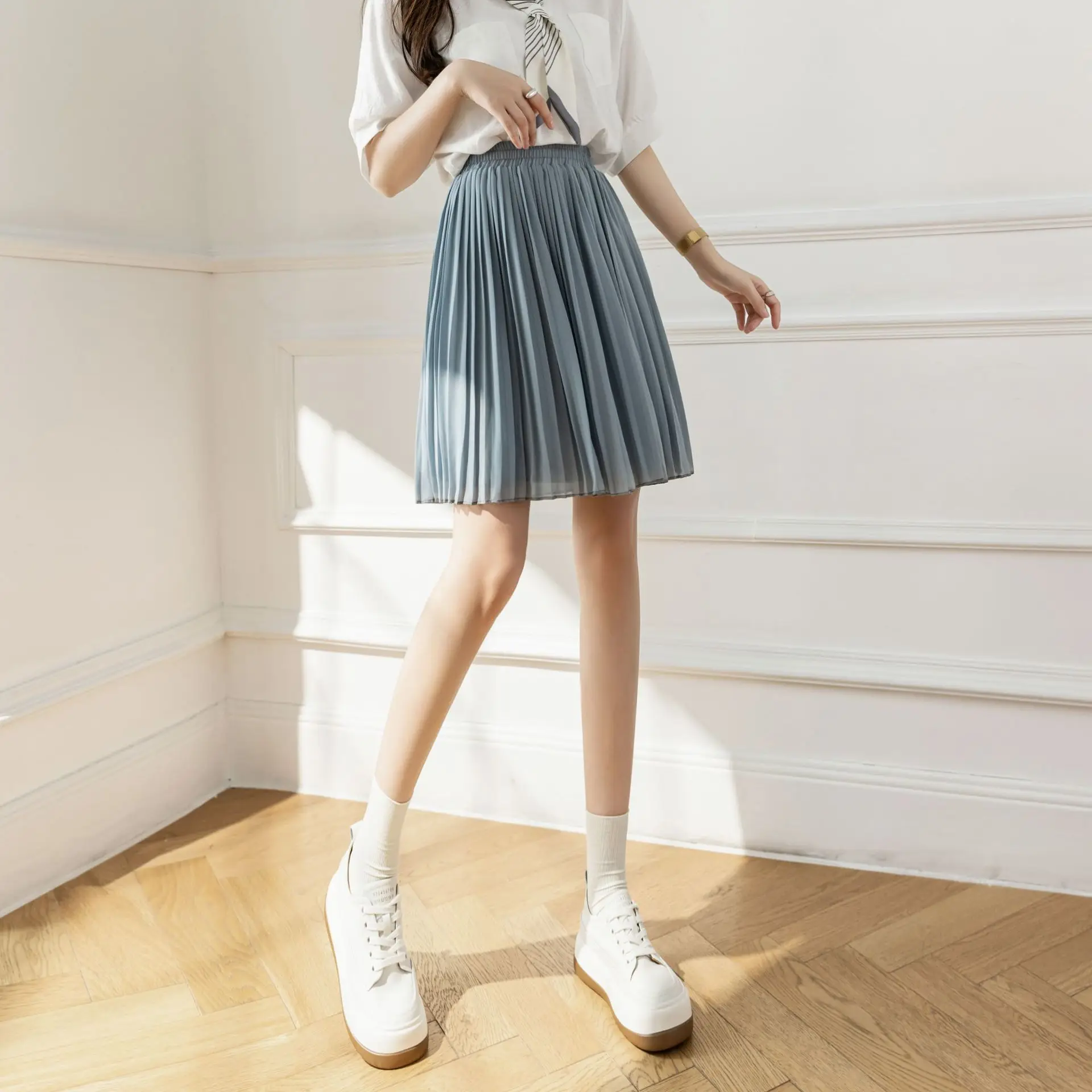 

2022 summer new simple solid color temperament chiffon skirt elastic high waist slim elegant women pleated skirt free shipping