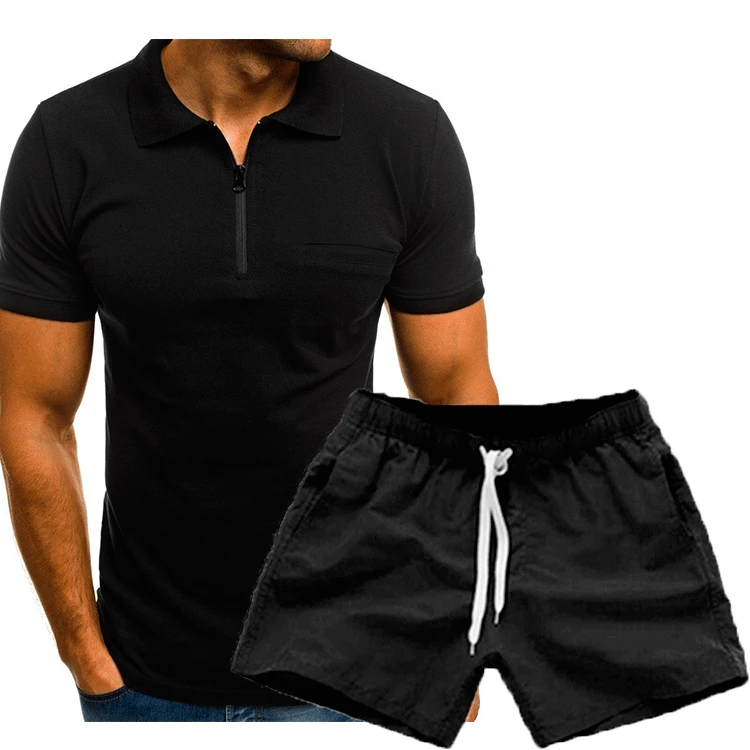 2023 summer new mens Solid color short-sleeved T-shirt+shorts 2-piece suit lapel slim polo shirt Men's Sets Asian size