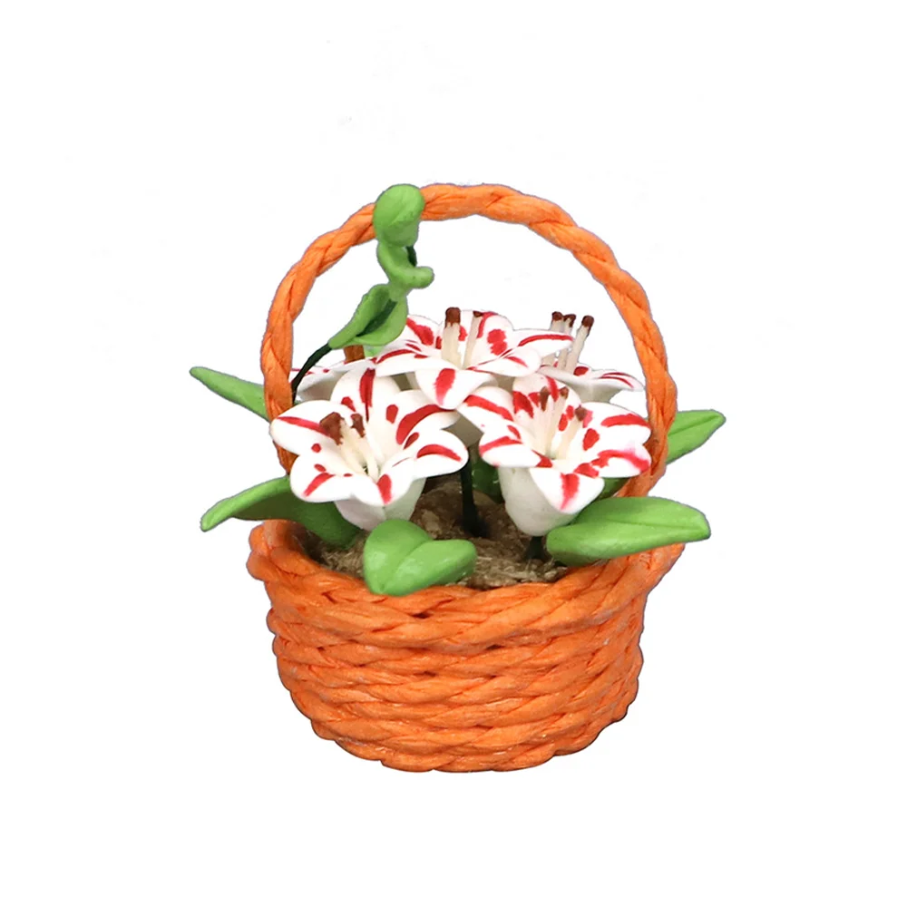 

1/12 Scale Miniatures Lilies Flower with Orange Basket For DIY Miniature Garden Building Kit Decoration Ornament Accessories