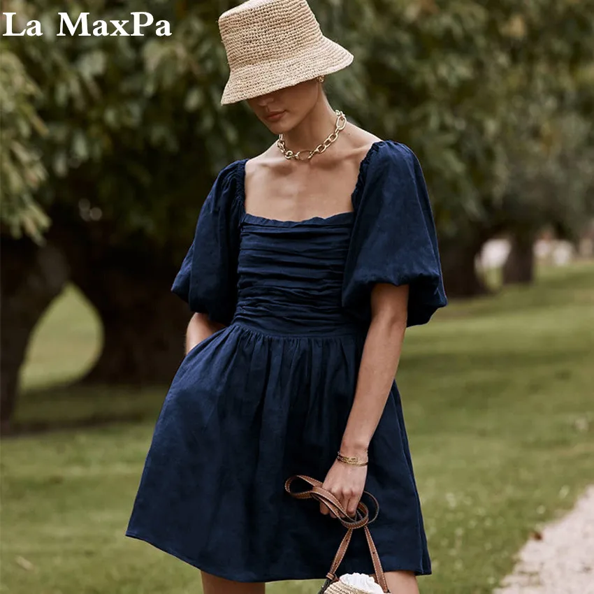 

Платье женское ТРАПЕЦИЕВИДНОЕ из хлопка и льна, с квадратным вырезом и пышными рукавами