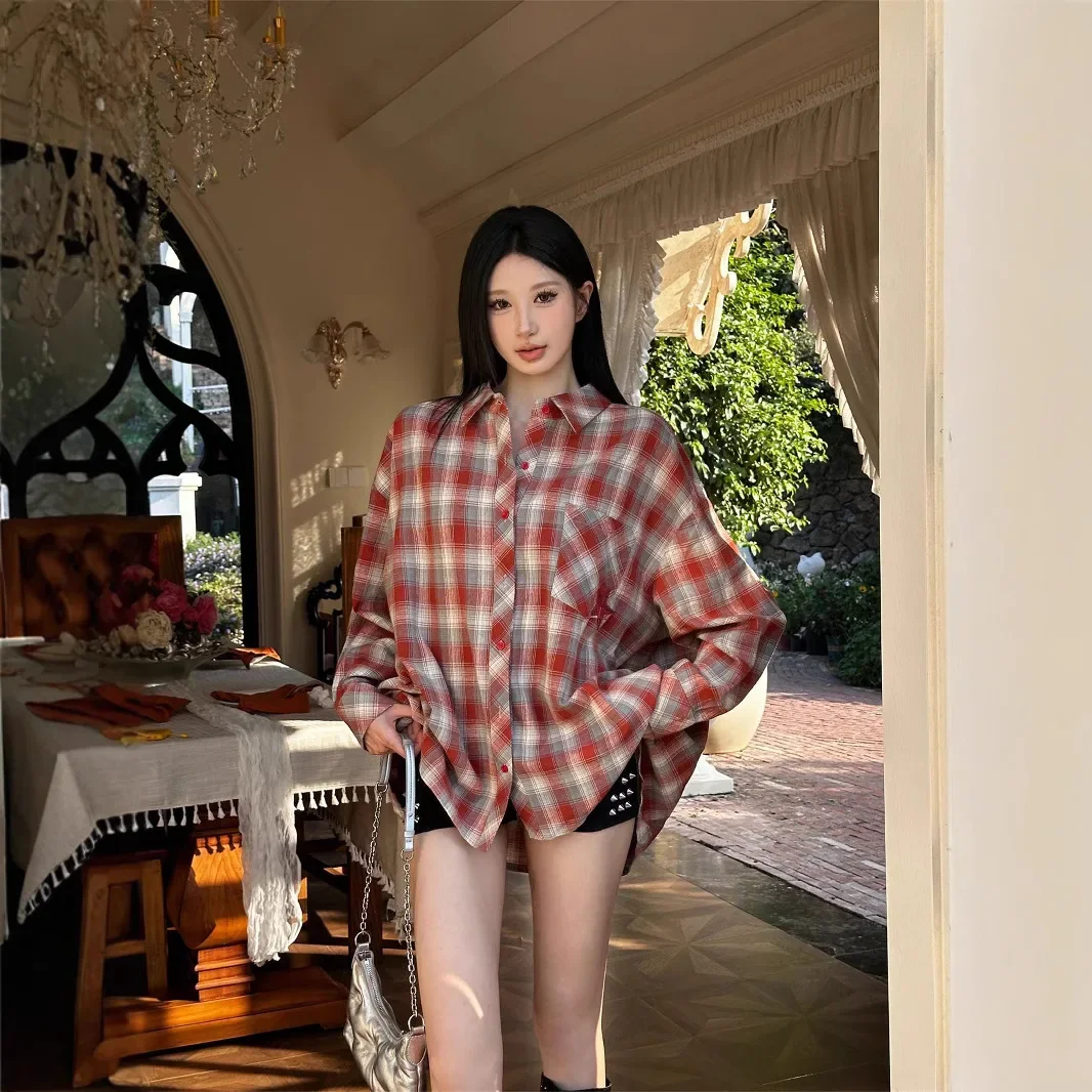 Сексуальная клетчатая рубашка с длинными рукавами топ универсальная женская