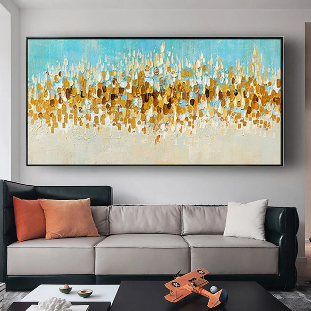 

Modern Gold Foil Dots Wall Art Picture Hand-Painted Abstract Oil Paintings On Canvas Poster For Home Living Room Decor Mural