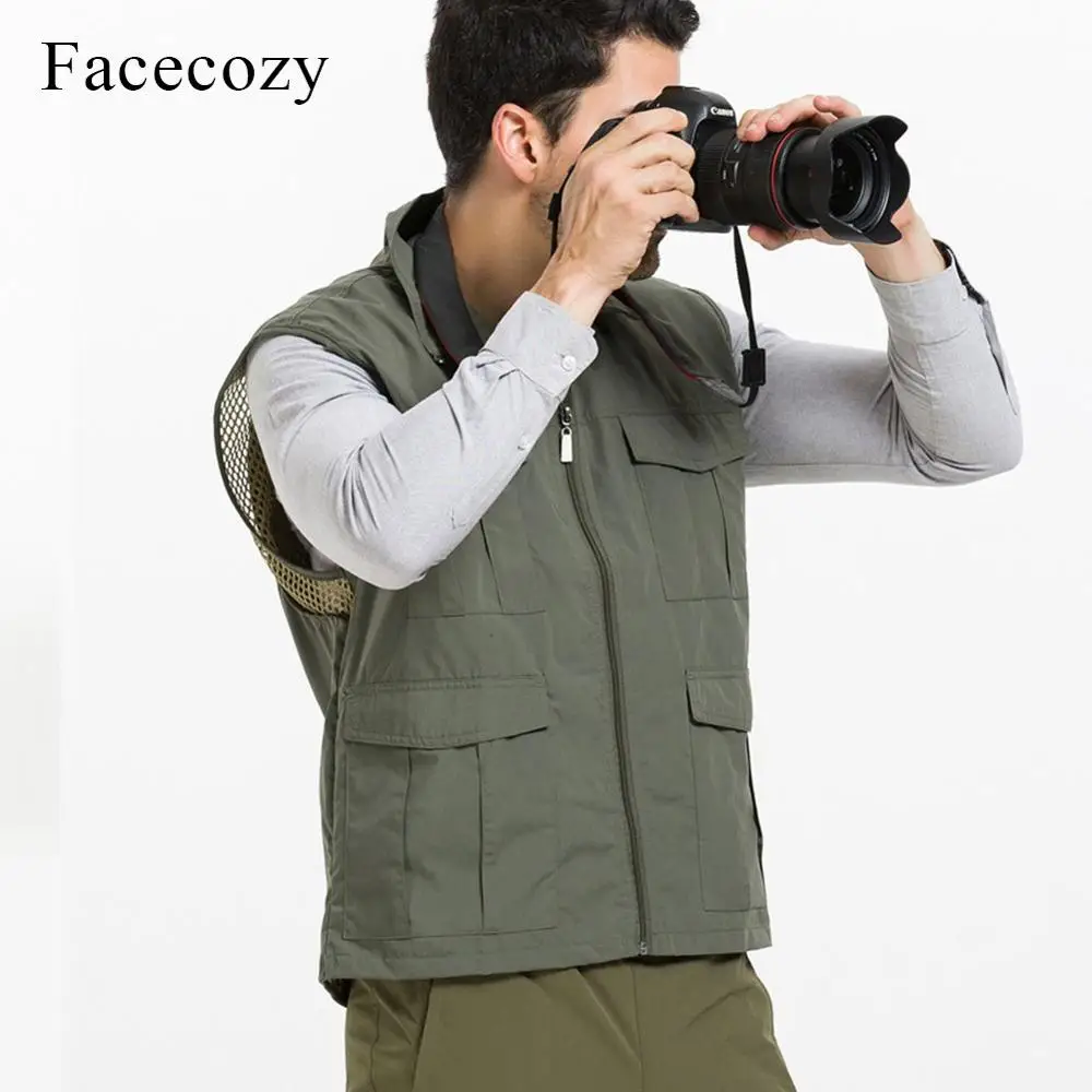 Фото Facecozy мужские открытые дышащие сетчатые майки с несколькими карманами без рукавов быстросохнущие летние мужские жилеты для рыбалки и треки... №4