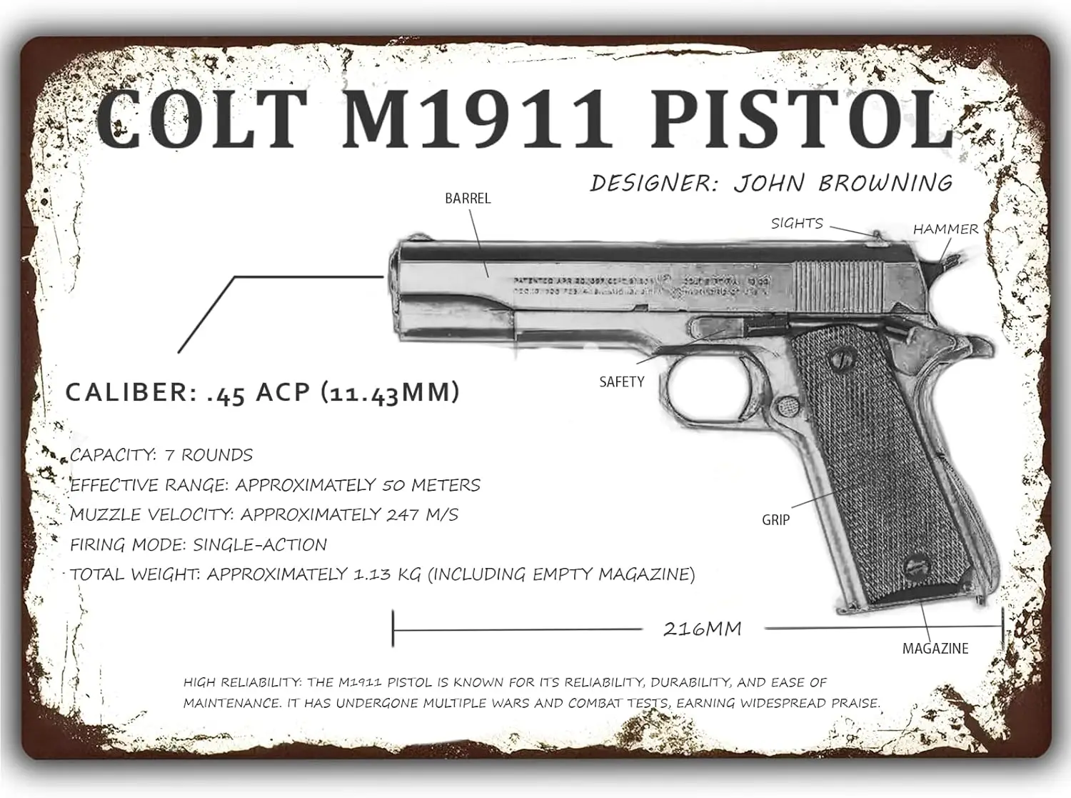 HQVLNAWX Винтажный металлический знак-Colt M1911 Модель пистолета Военные тематические