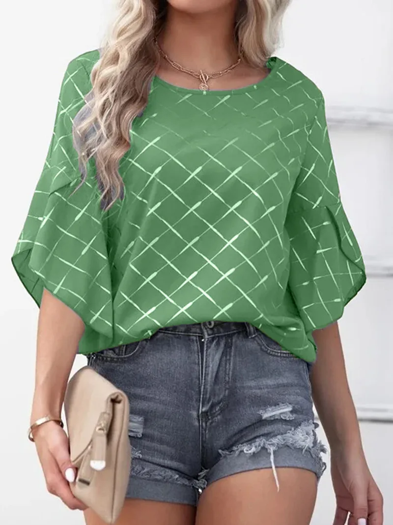 

Women Spring Summer Shirt Top Fashion Half Lotus Leaf Sleeve O Neck Casual Printed Blouse Female 2023 Blusas Femininas Elegantes