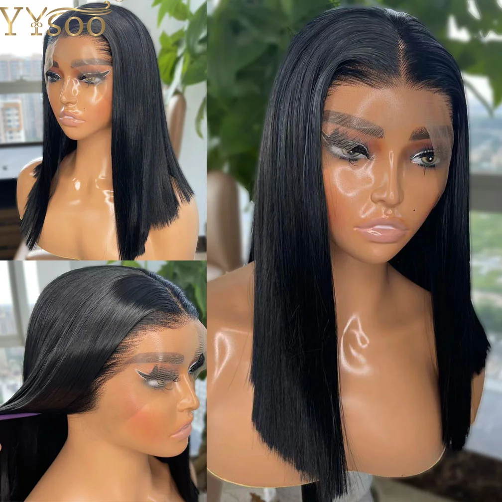 YYsoo Short Black Futura Synthetic Hair13x4 Glueless Lace Front Bob Wigs For Black Women Pre Plucked Straight Half Hand Tied Wig