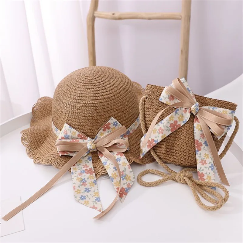 

straw hat for kids summer girls beach hat children's sun hat girls summer new straw hat bag set sunscreen sun hat summer princes