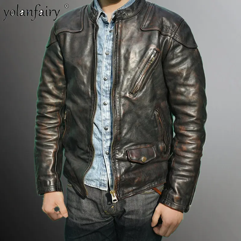 

Мужская кожаная куртка с воротником-стойкой, винтажная мотоциклетная куртка из натуральной кожи, верхний слой подковы, пальто большого размера F, 2023