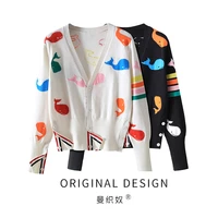 tb cardigan sweater jacket womens spring and autumn new color whale pattern jacquard long sleeved knitted sweater top