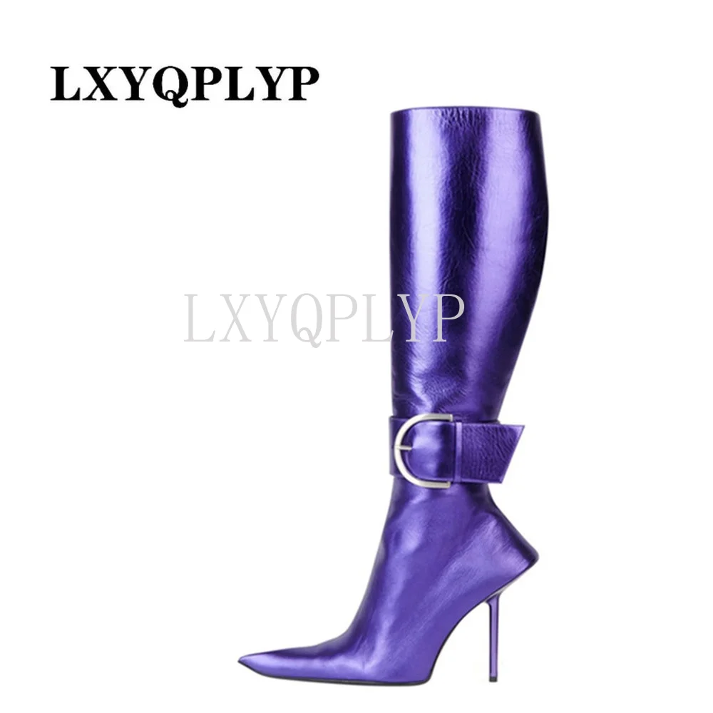 Retro Square Buckle Women's Boots 2022 Autumn New Knee-length Zipper Boots Stiletto Pointed Toe Banquet Shoes Size43 Boots