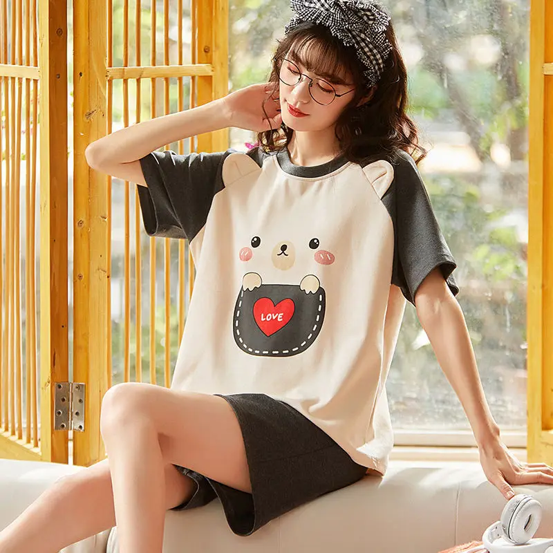 Summer new Women Pyjamas Cartoon Pajamas Sets Sleepwear Casual Nightwear Pijama Mujer Shorts short sleeve M-2XL home clothes set