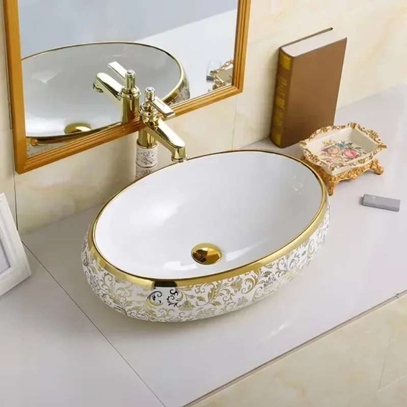 Роскошная керамическая художественная овальная настольная раковина для ванной