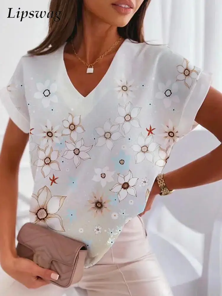 

Female Retro Harajuku Floral Print Tee Women Casual Short Sleeve Summer Top Shirt Sexy V Neck Loose T-Shirts Pullover Streetwear