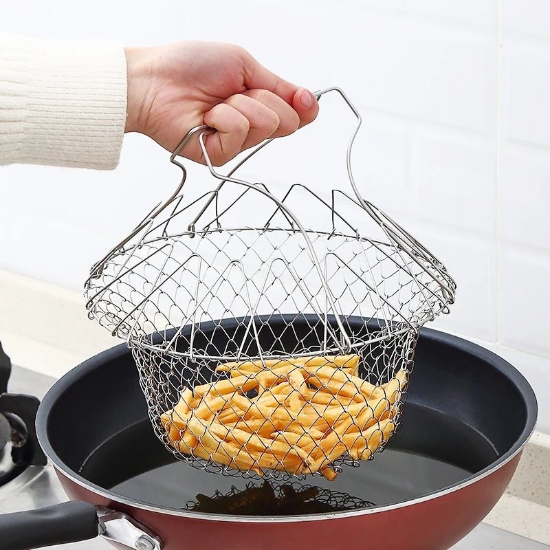 

Multifunction Foldable Steam Rinse Strain French Fries Folding Frying Basket Drainer Magic Basket Mesh Basket Strainer Net