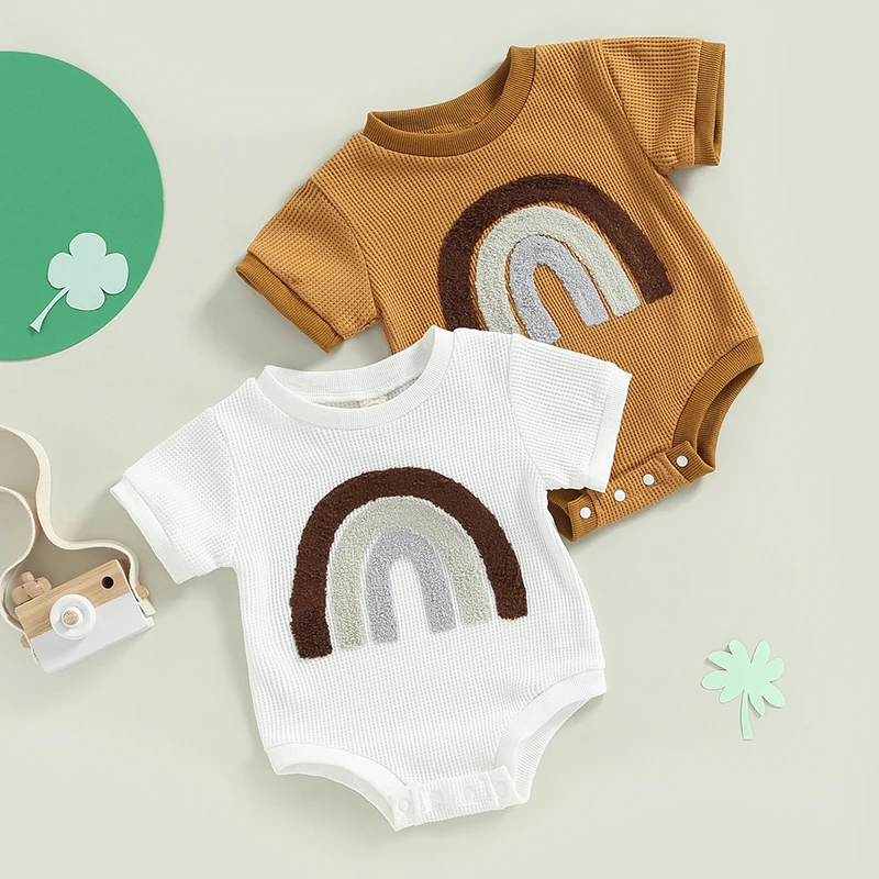 

2022-12-03 Lioraitiin 0-18M Infant Girls Boys Waffle Bodysuit Rainbow Pattern Short Sleeve Crew Neck Jumpsuits Summer Clothes