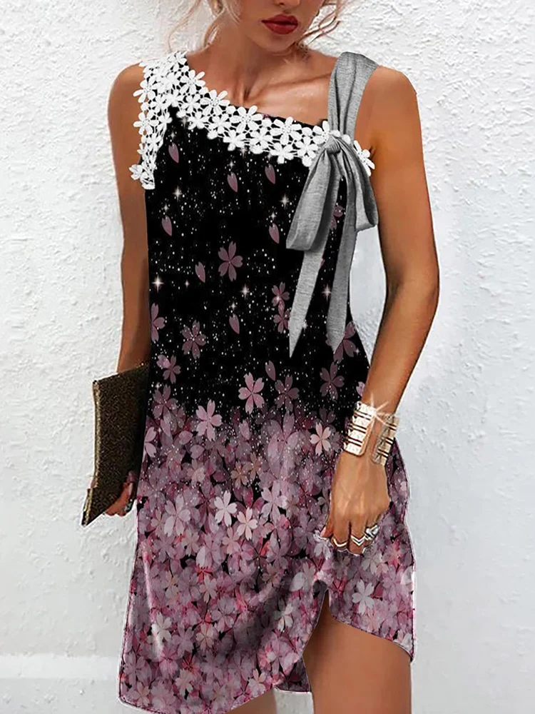 Элегантное повседневное платье с завязкой на бант, женское, мини, для вечеринок, летнее, с одним открытым плечом, с кружевными вставками, новая мода, шик, прямое, пляжное.