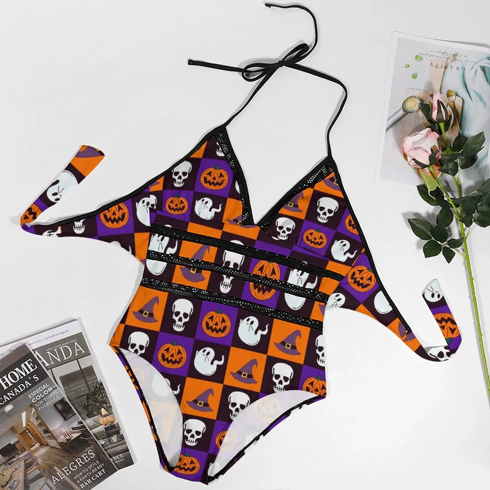 Милый купальник с призраком сексуальный v-образным вырезом на Хэллоуин цельный