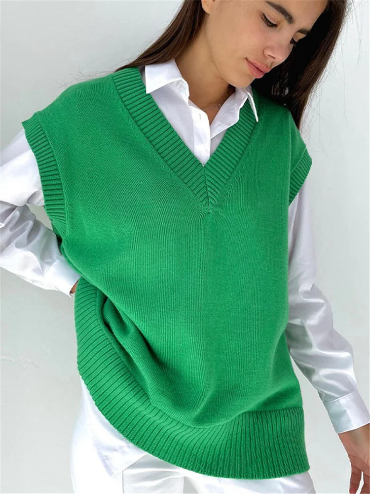 

Женский свободный вязаный свитер, жилеты, зеленые майки, уличная одежда, джемперы, пуловеры, кофты