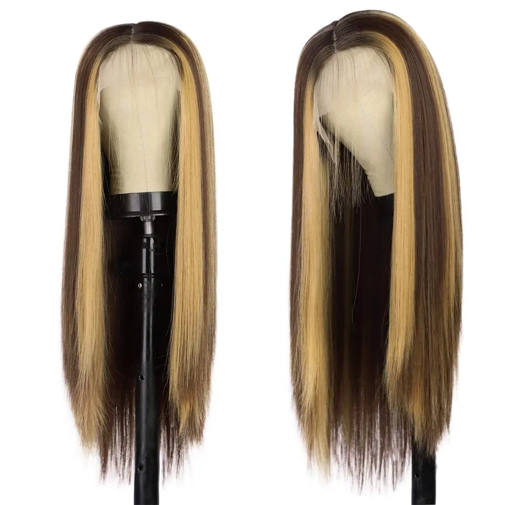 

Kryssma Highlight Synthetic Lace Front Wig Straight Lace Frontal wig For Women Blonde Highlight Lace Front Wigs With Baby Hair