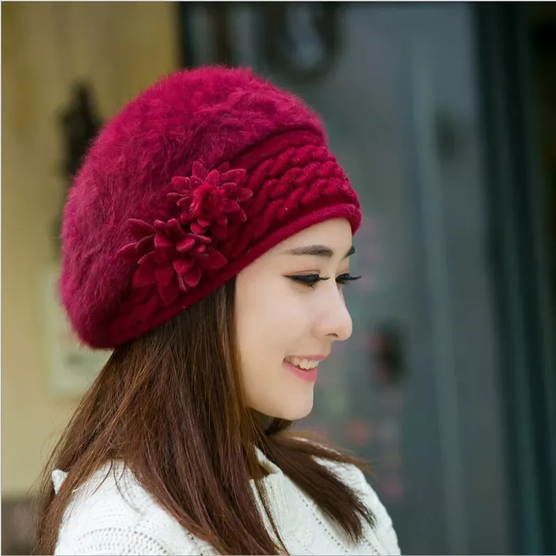 Winter Hats rabbit knitting wool skullies female warn hat cap wholesale Fur Beanies Hats Adults Casual Female Skullies