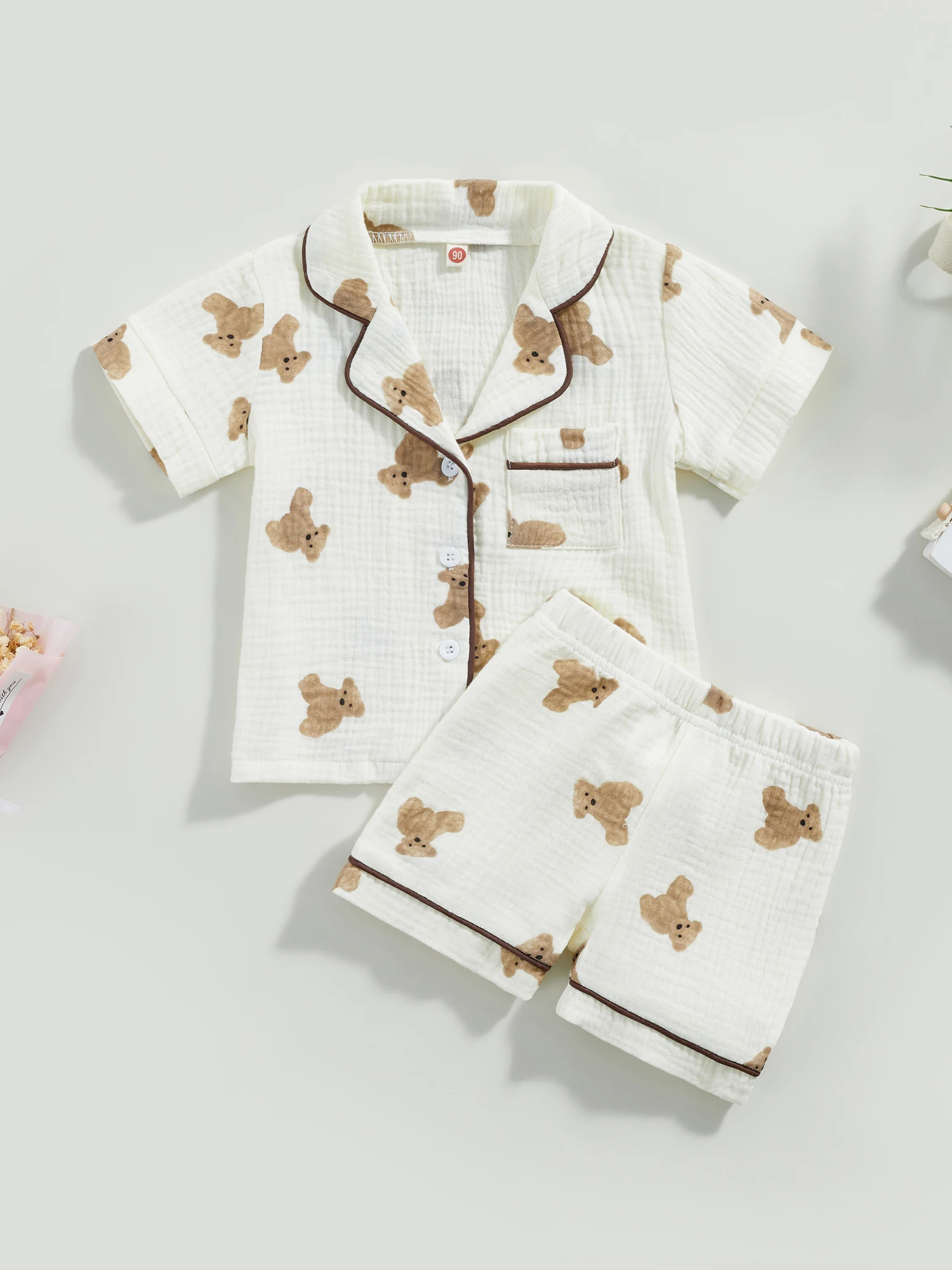 

Cute and Comfy Toddler Baby Kids Unisex Pajama Set with Short Sleeve Lapel Button T-shirt and Elastic Shorts for a Cozy