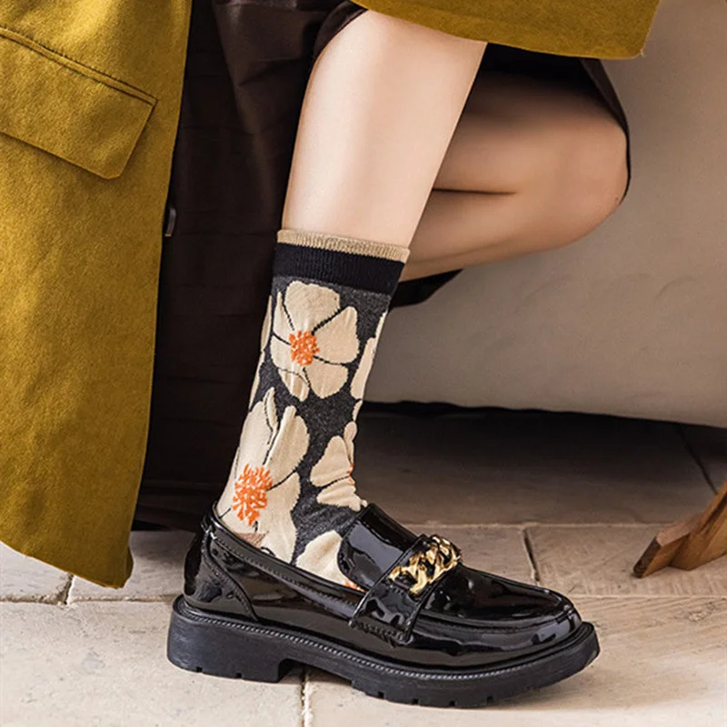 10 Pcs Vintage Women Socks Japanese Fashion Harajuku Retro Crew Socks Floral Print Sweet Girl Kawaii Cute Bow Long Socks Women