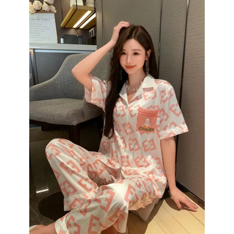 2023 Summer New Artificial Silk Letters Homewear Pajamas Women's Short Sleeve Trousers Suit Women's Fashion Pajamas Suit