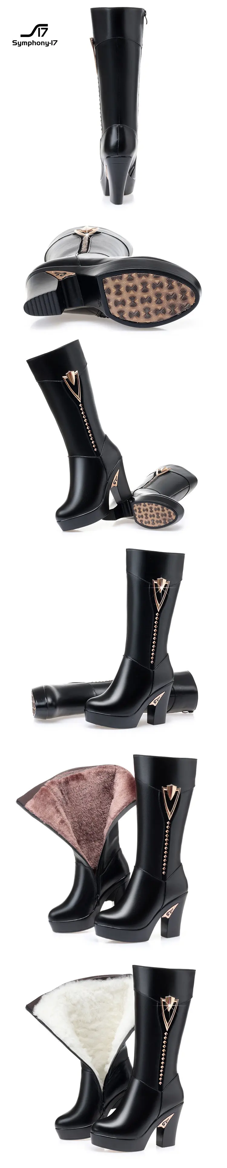 Autumn/winter new leather women's boots high-heeled platform platform block heeled Martin high boots cotton boots wool interior