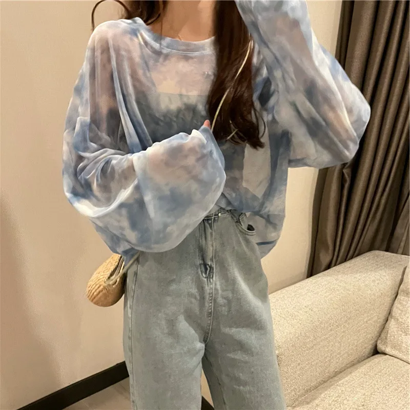 

Новая женская футболка с длинным рукавом и завязкой, свободная сетчатая Солнцезащитная рубашка, повседневный топ с круглым вырезом, женска...