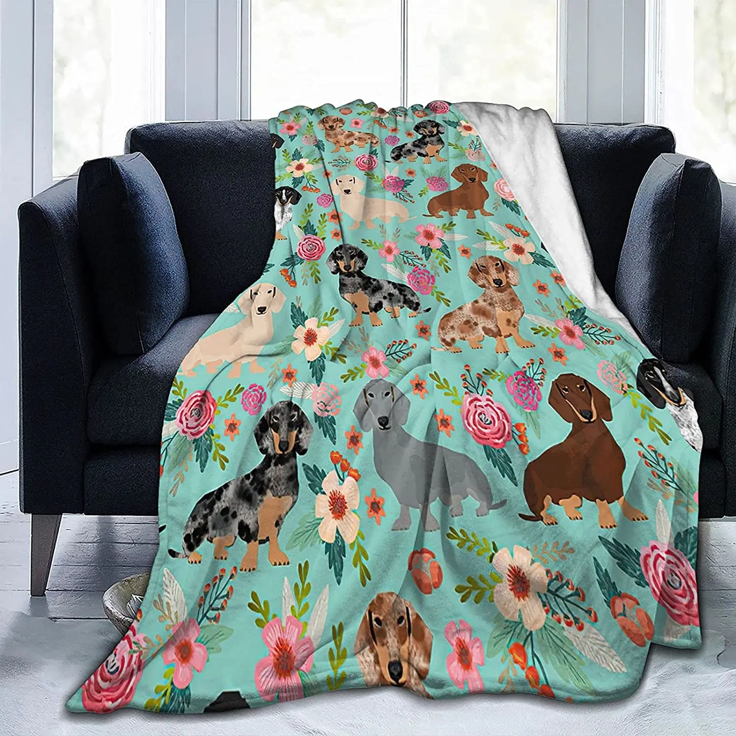 

Dachshund Dog Blanket Rose Flower Throw Bed Blankets Cozy Lightweight Soft Bedding for Sofa Bed Office Travel 60x50 inches