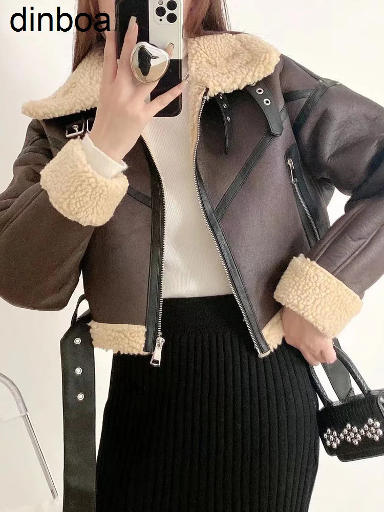 

Winter Warm Faux Lamb Leather Fur Short Jacket with Belt Women 2022top Moto Biker Thick Sheepskin Coat Outwear Female Streetwear