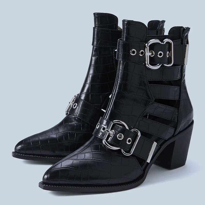 Thick Heel Stone Grain Pointed Woman Boots Hollow Buckle PU Leather Ankle Boots Sexy Spring Autumn Street Motorcycle Shoes Black