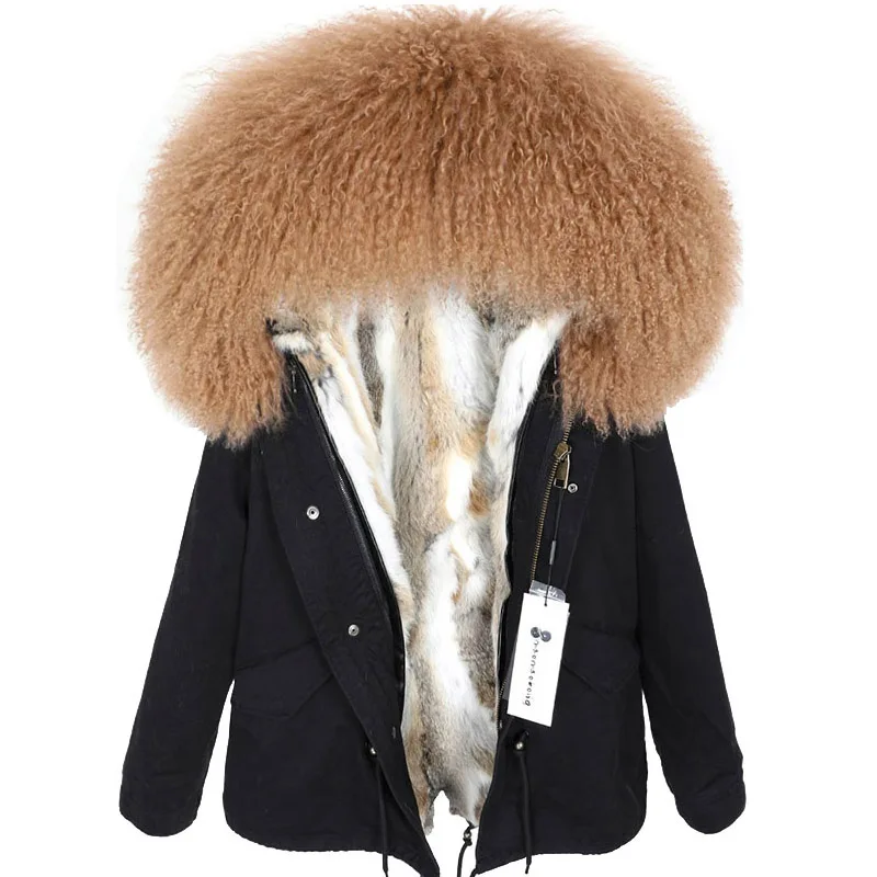 MAOMAOKONG 2022 winter Women's jacket bomber Real fur coat women coats short natural Mongolia wool fur collar rabbit liner Parka