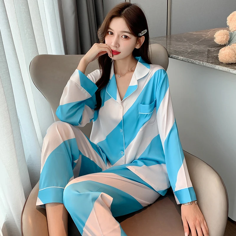 

Women's Striped Patchwork Color Pajama Set Summer Long Sleeve Ladies Silk Pijama Suit 2 Pcs with Pants Sleepwear for Female 2022