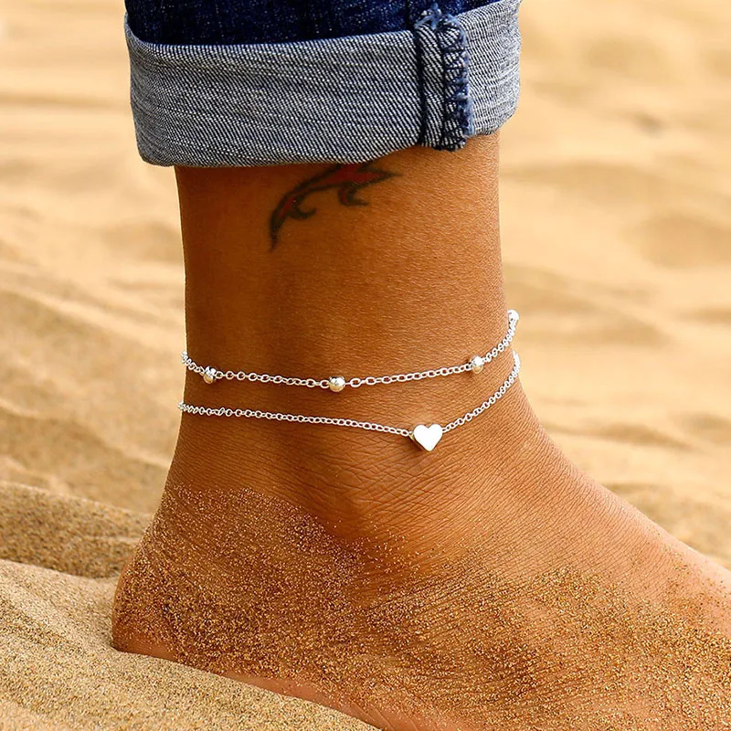 

WUKALO Two Layers Chain Heart Style Silver Color Anklets For Women Bracelets Summer Barefoot Sandals Jewelry On Foot Leg