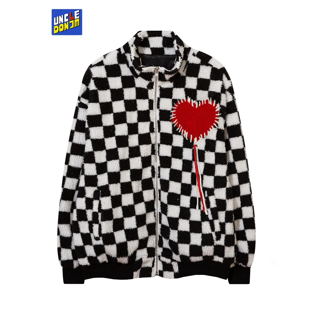 

Мужская Флисовая Куртка UNCLEDONJM в клетку с вышивкой сердца, уличное Свободное пальто в стиле хип-хоп, зимняя теплая куртка, одежда