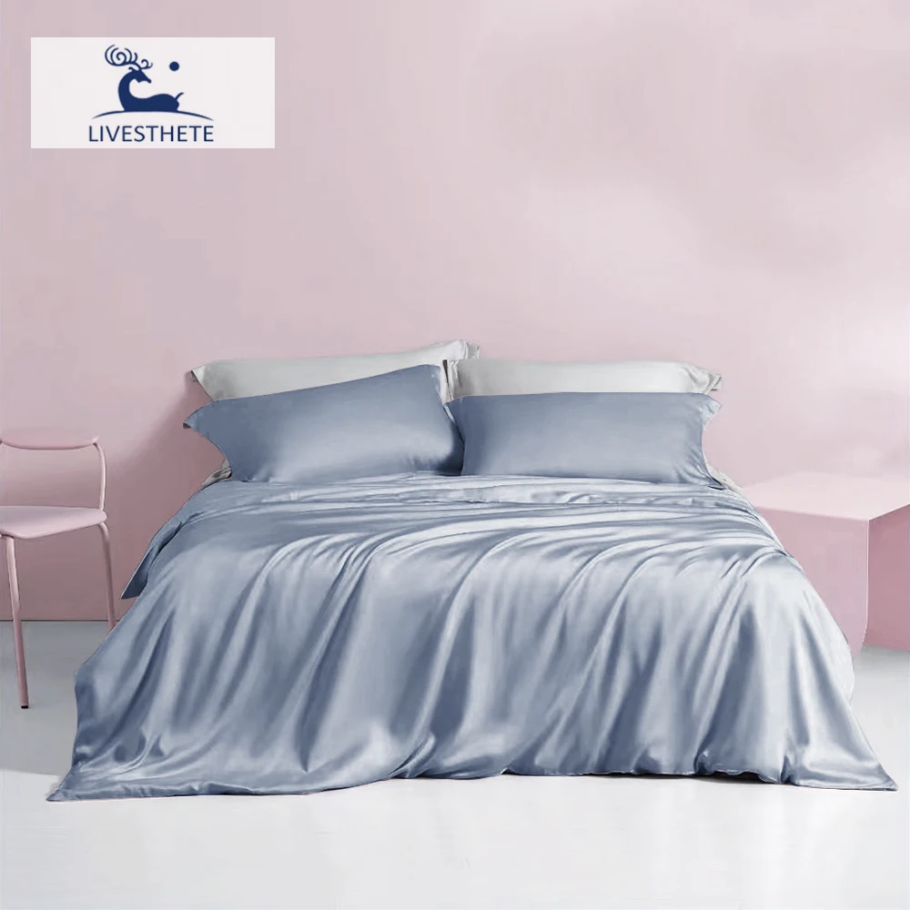 

Liv-Esthete Blue Gray 100% Silk Bedding Set Solid Color Flat Sheet Pillowcase Double Queen King Quilt Cover Bed Set Fitted Sheet