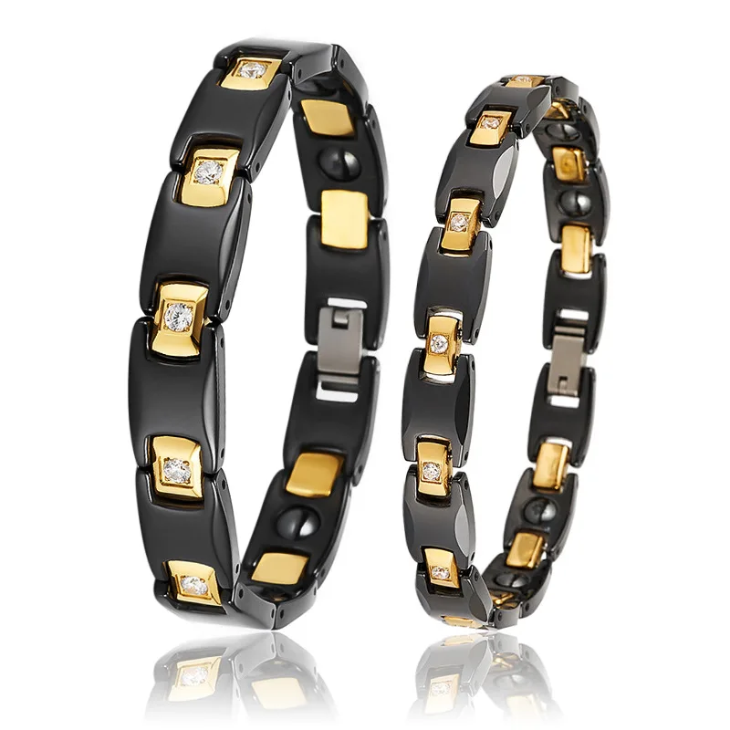 

Titanium Steel Plated 18k Gold Zircon Black Ceramic Energy Bracelet Germanium Antioxidant Health Couple Bracelet