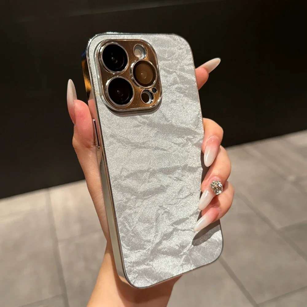 Кожаный чехол Ripple Plating для iPhone 16 13 14 11 12 15 Pro Max Plus защитный объектива камеры жесткий
