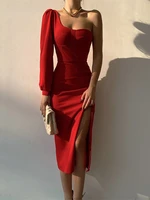 sexy one shoulder long sleeve red midi dress women 2022 black backless bodycon split evening party dresses formal clubwear