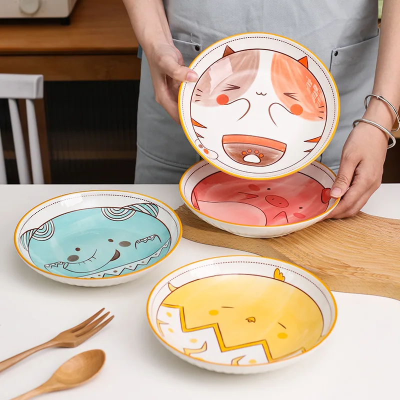 

8 Inch Cartoon Animal Ceramic Plate Under Glazed Dinner Dishes Kitchen Dessert Fruit Plate Microwave Safe Dinnerware Kitten Tray