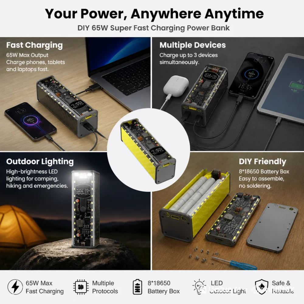 Фото Модуль Power Bank PD 65W/45W/20W для сверхбыстрой зарядки, корпус DIY со встроенным зарядным кабелем, бокс для аккумуляторов на 8 элементов №2