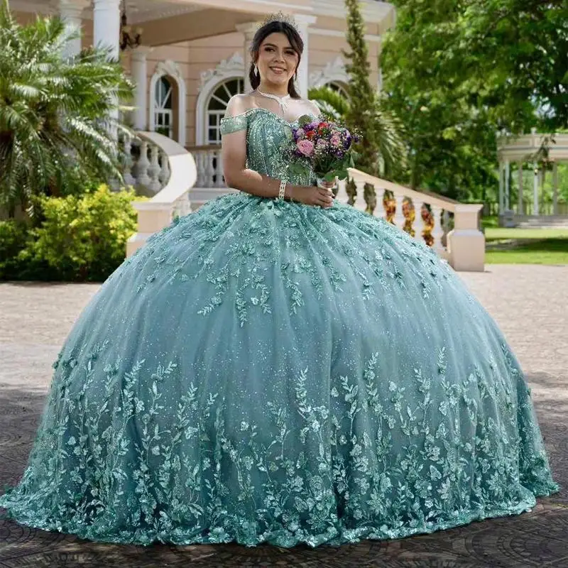 Мятно-зеленые блестящие платья Quinceanera с открытыми плечами и блестками Аппликации