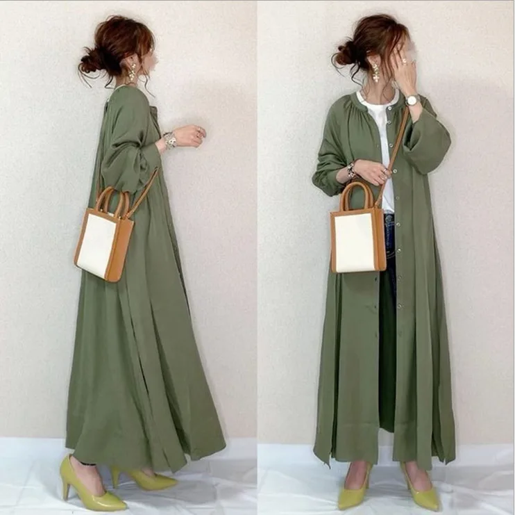

New 2022 Korean Chic Plus Size Single Breasted Maxi Dress For Women Vintage Button Down Thin Outerwear Dresses