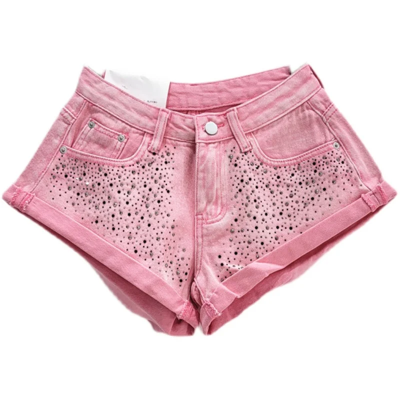 Sweet Pink Rhinestone Denim Shorts for Women Trendy 2023 New Summer High Waist Slimming Flanging Wide Leg Short Jeans Hot Pants