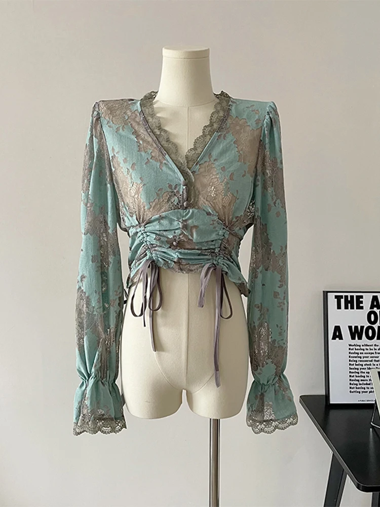 

Women Sexy Hollow Out Design V-neck Long Sleeve Crop Shirt Pleated Drawstring Tie Up Hot Girls Blouses Retro Lace Patchwork Chic