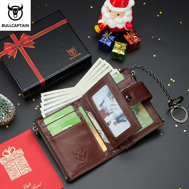 BULLCAPTAIN Leather Wallet Retro Classic Vertical Multi-Card Multi-Function Anti-Theft Brush Zipper Coin Purse