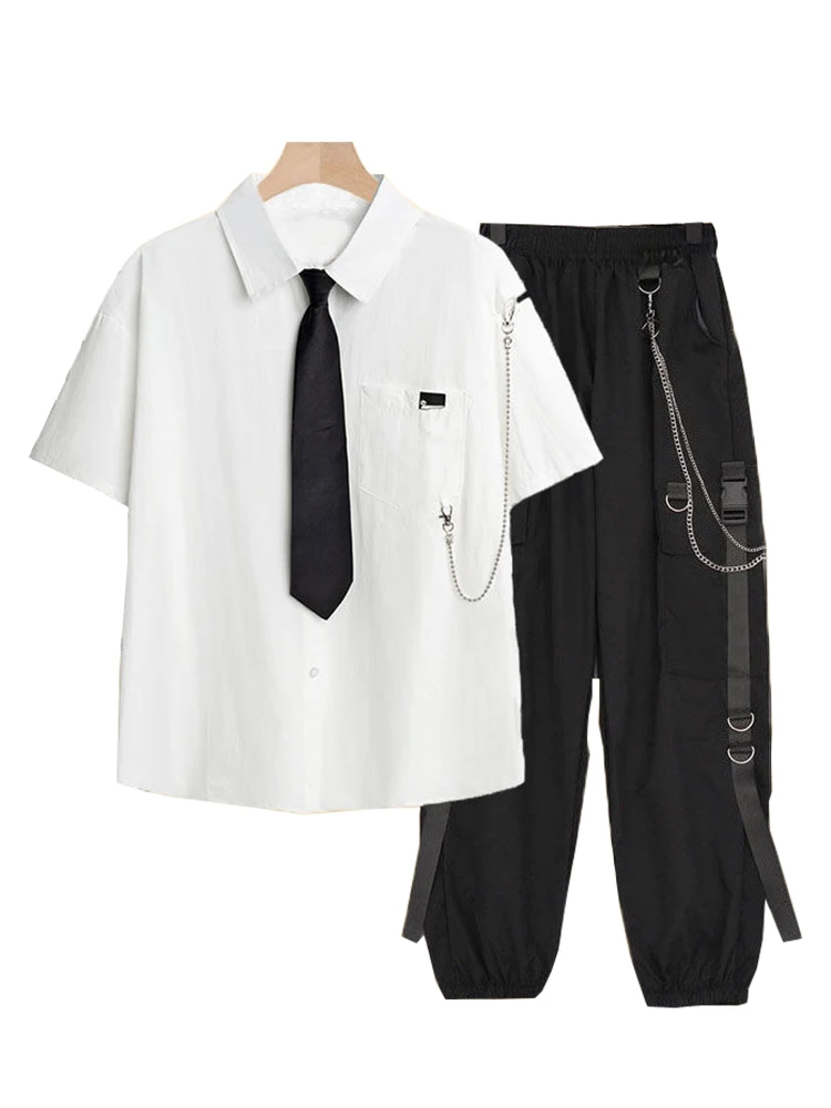 

Summer Streetwear Cargo Pants High-Waist Straight Ribbon Tie T Shirt+Student Pants Short-Sleeved Shirt with Tie two-piece