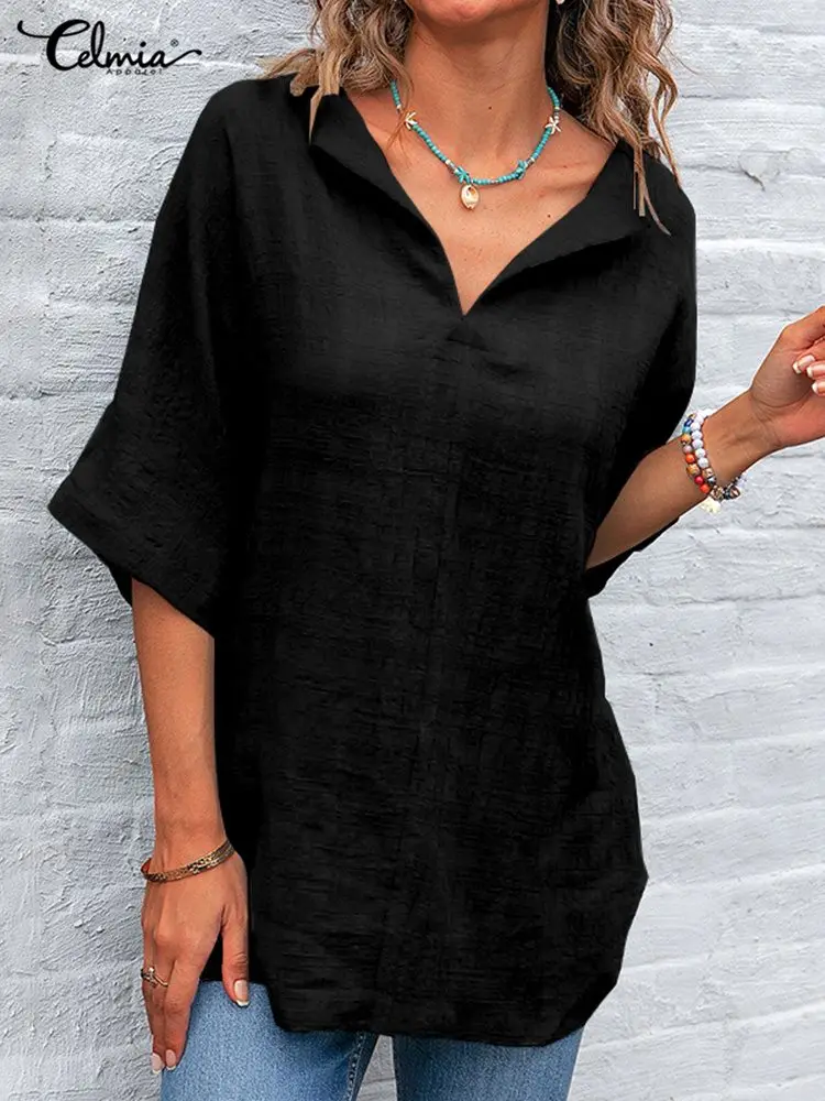 

Воздухопроницаемая Туника Celmia для отдыха, повседневные свободные хлопковые блузки с рукавом 3/4, винтажные однотонные женские блузки с V-обр...
