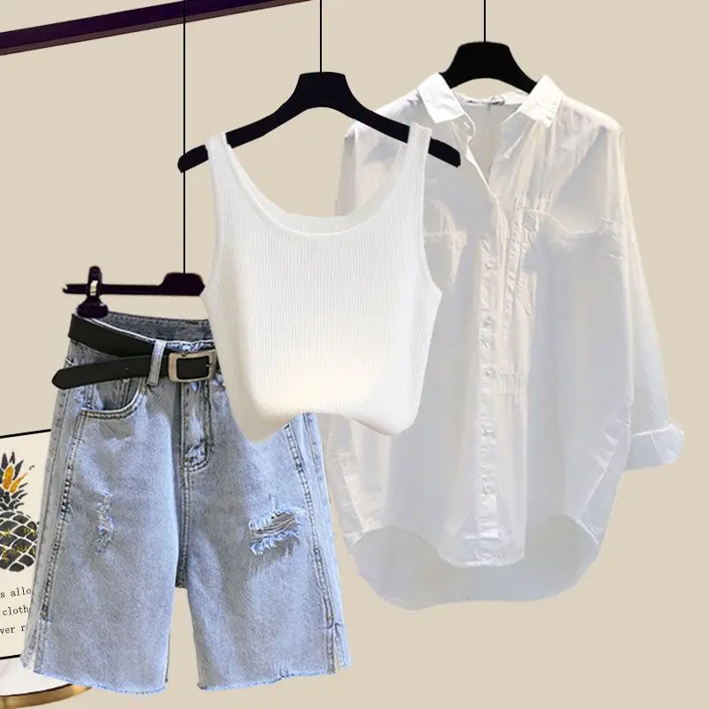 Большой женский летний комплект новинка 2024 Солнцезащитная рубашка с майкой